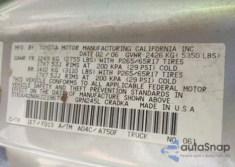 2006 Toyota Tacoma Base V6 from USA, damaged, VIN 5TEUU42N86Z219674